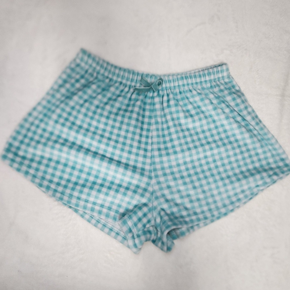 Coquette Light Blue Gingham Plush Pajama Lounge Short Velvet Bow Soft Girl Boxer